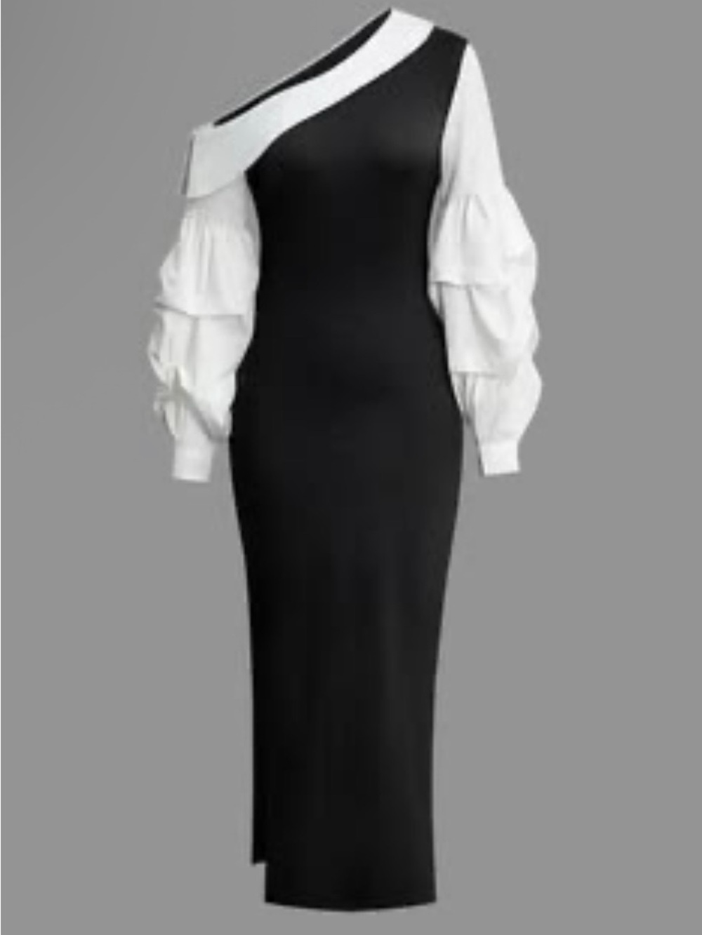 Cider One-Shoulder Black Dress with White Puff Sleeves